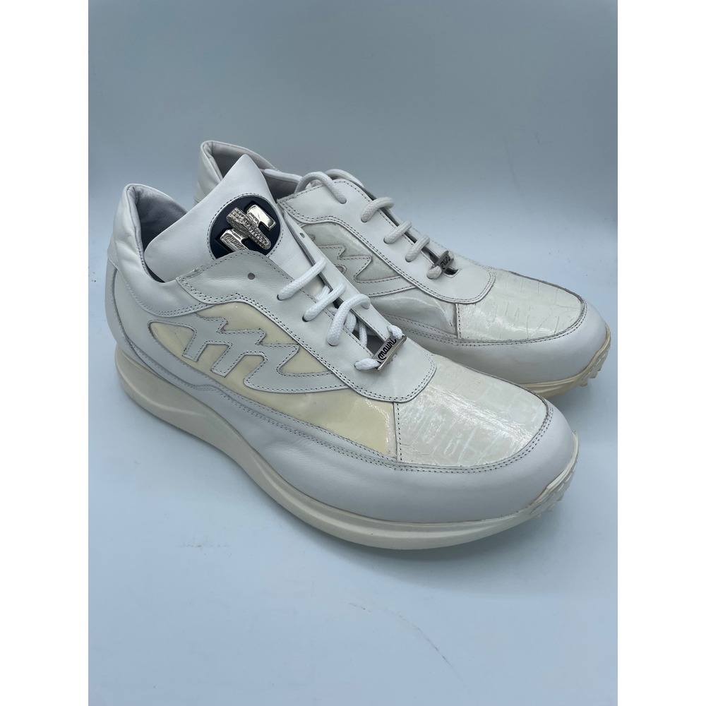 Mauri Mens 9.5 White Calf Cocco Patent Exotic Leather luxury Sneakers Italy RARE